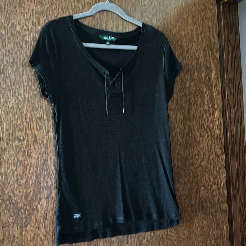Lauren Ralph Lauren Women's SS Tie Front Ribbed Tee Size Large
